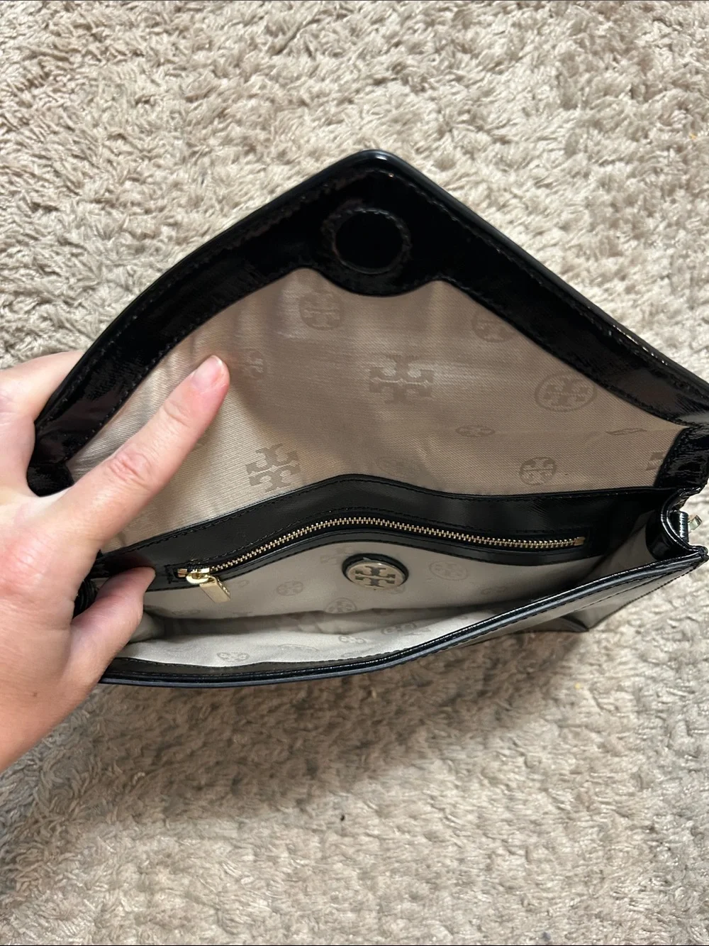 Tory Burch Black Leather Envelope Shoulder Bag with Gold Logo